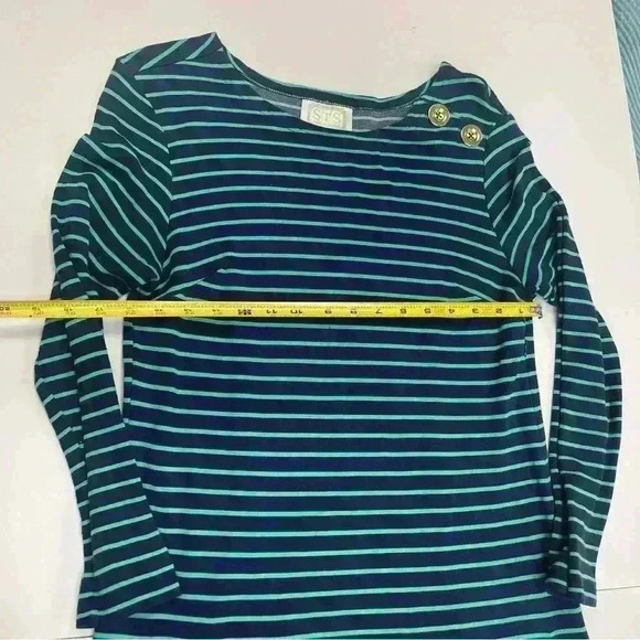 Sail to Sable Navy Blue Green Striped Long Sleeve Dress Gold Buttons Sz S EUC - Picture 2 of 9